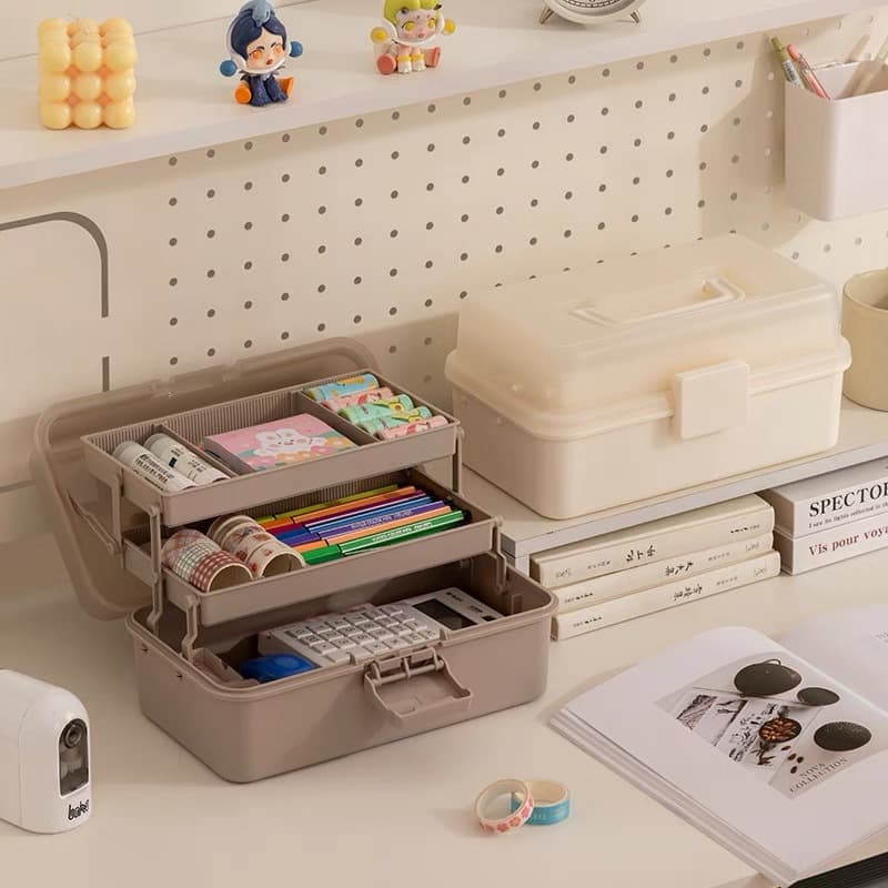 Desktop Storage Box for Students, Multi-layer Organizer with Handles, Multi-functional Cosmetic or Nail Art Case