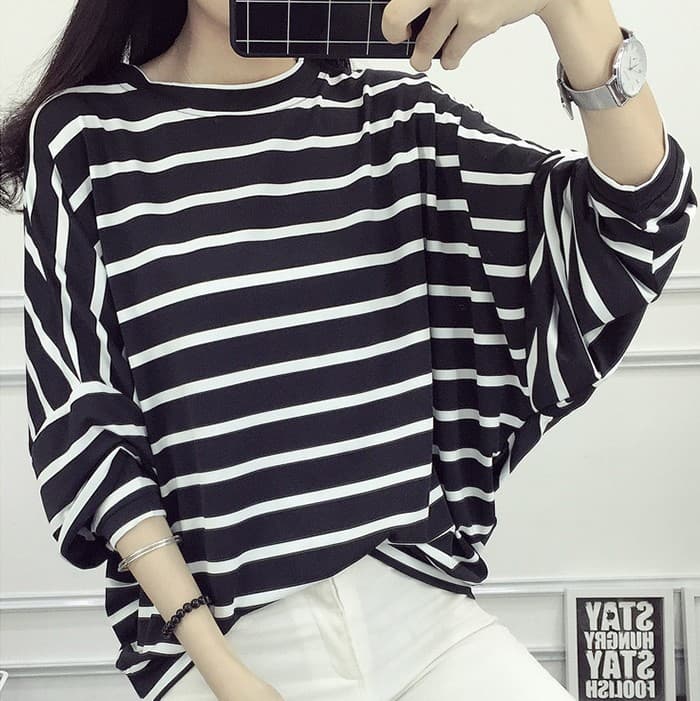 Spring/autumn new plus-size women's clothing for chubby sisters stripe bat-sleeve T-shirt 200 lbs loose flesh-covering base layer top trendy