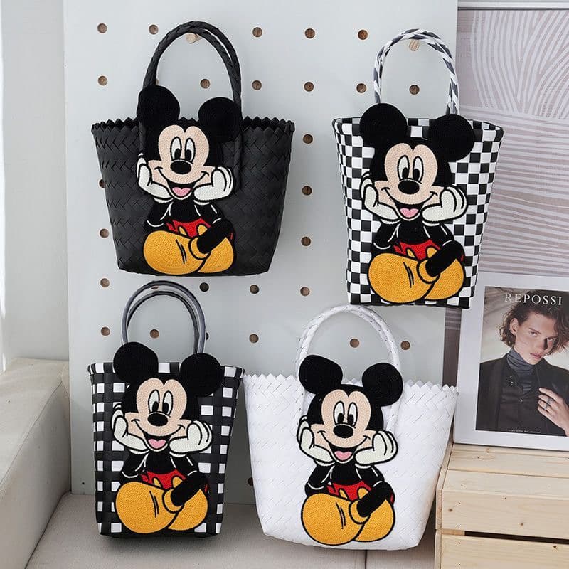 Cute Mickey Woven Basket Bag Vacation Casual Versatile Beach Women's Handbag Same Style as Xiaohongshu