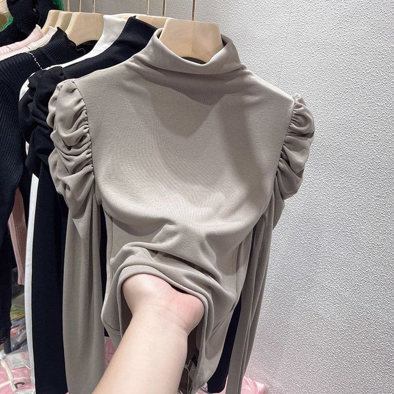 Women's Turtleneck Base Layer Shirt Spring Autumn New Fashionable Pleated Bubble Sleeve T-Shirt Slim Fit Long Sleeve Top Trendy