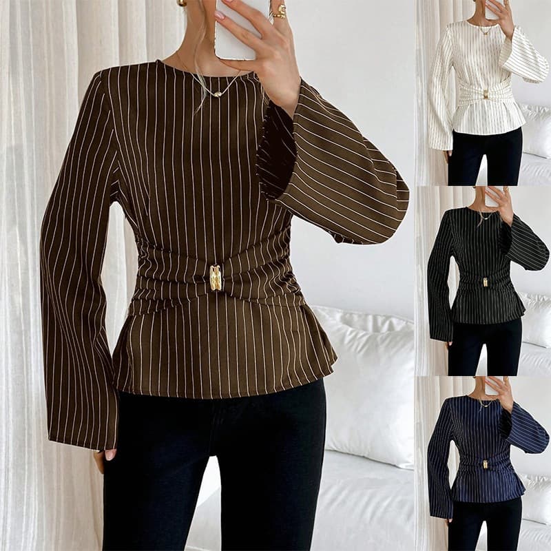 2026 Autumn European and American cross-border new striped round neck shirt waist bell sleeve ruffle hem commuter blouse