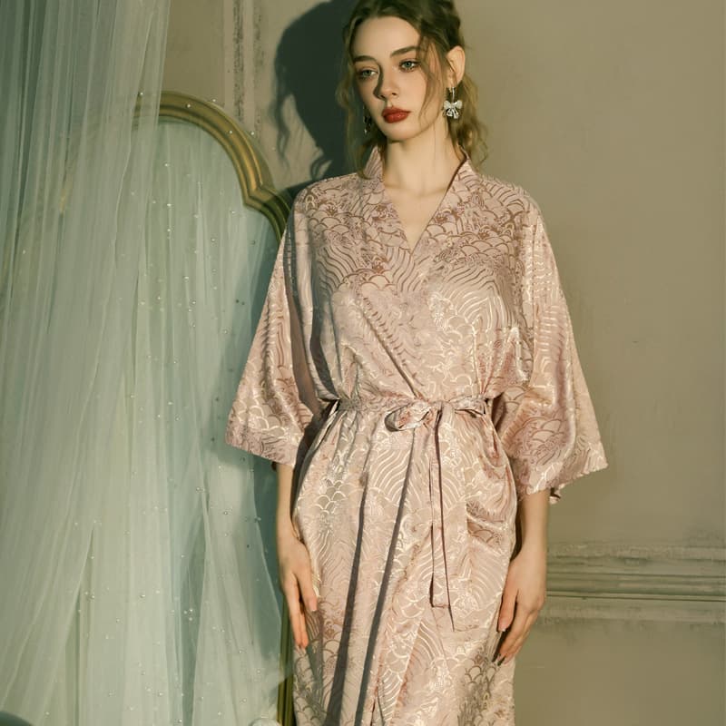 Ice Silk Satin Chinese Style Auspicious Cloud and Wave Pattern Hanfu Sleepwear Bride Morning Robe Extra Long Women's Kimono Bathrobe Loose Bathrobe