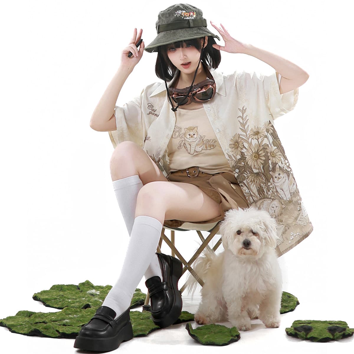 Yimengge original design garden cat Chinese Han elements new Chinese-style women's shirt tank top shorts set 9604.
