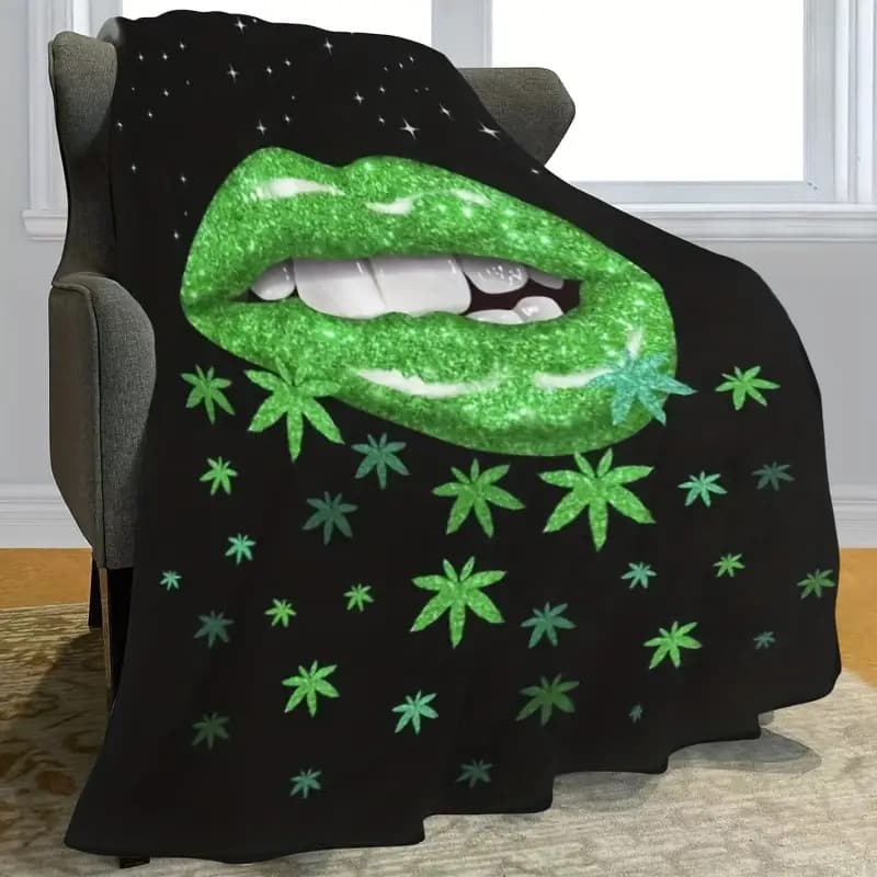 Sensual Lips Green Leaf Print Flannel Blanket Nap Blanket Suitable for Travel Sofa Bed Cover Holiday Gift Blanket