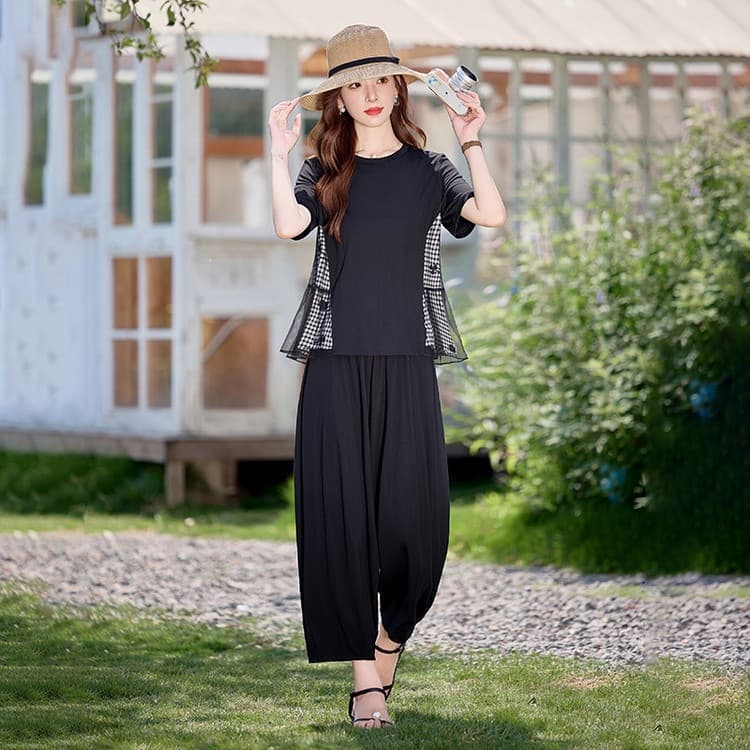 Women's Clothing Source Factory 122746 Two-Piece Pants Set Black Elegant Ramie Cotton Source Factory
