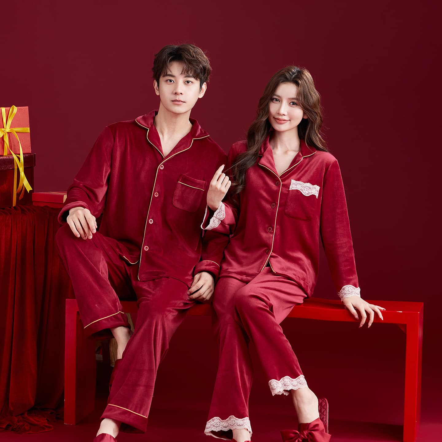 Wedding Pajamas Newlywed Couples Set, Women's Autumn/Winter Red Island Fleece Warm Flannel Men's Homewear