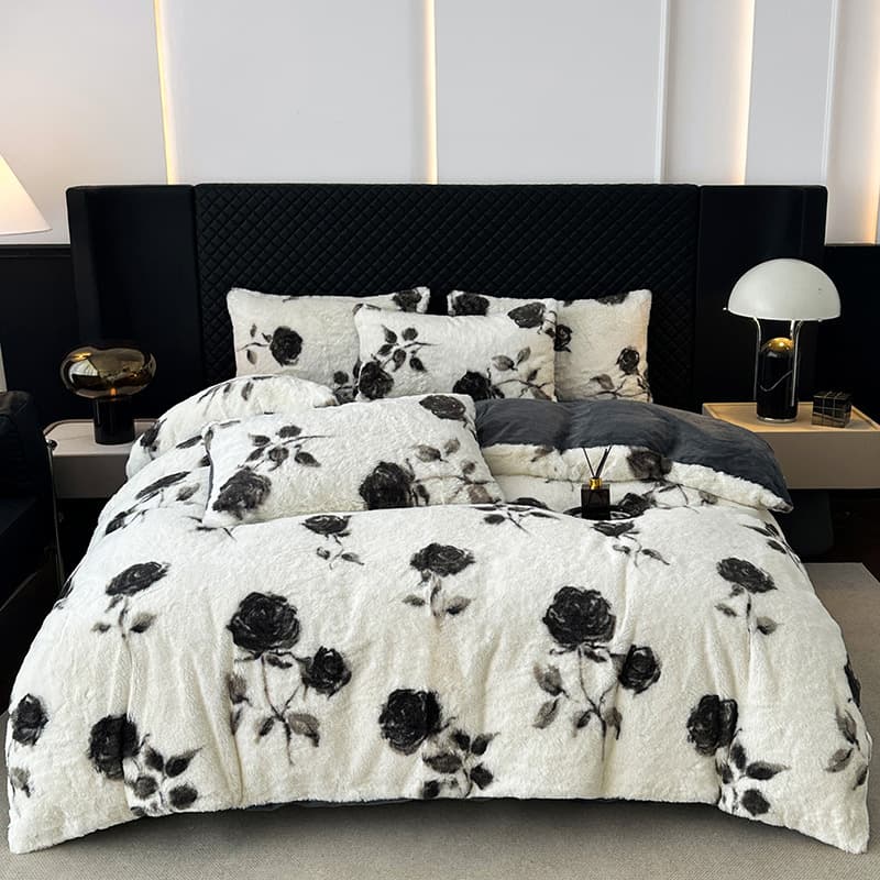 Cross-border trade thickened warm faux rabbit fur four-piece bedsheet set, including fitted sheet and duvet cover, Nantong home textile wholesale
