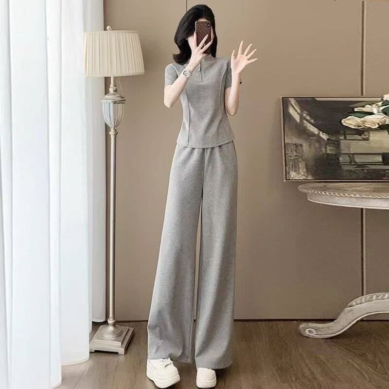 Casual Sportswear Suit for Women Summer 2026 New Stylish Slim Fit Loose Short Sleeve Fashion Wide Leg Pants Two-Piece Set