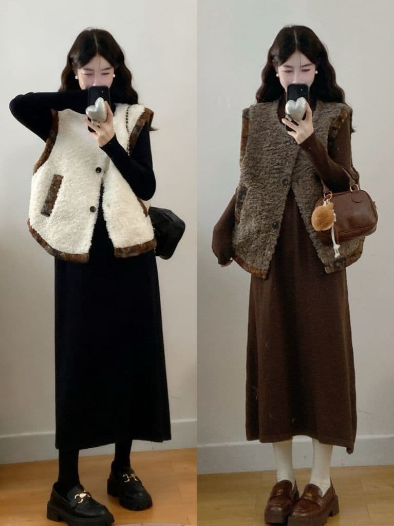 Plus Size Women's Clothing Autumn/Winter New Lamb Wool Vest Jacket Elegant Slimming Knitted Inner Dress Two-Piece Set