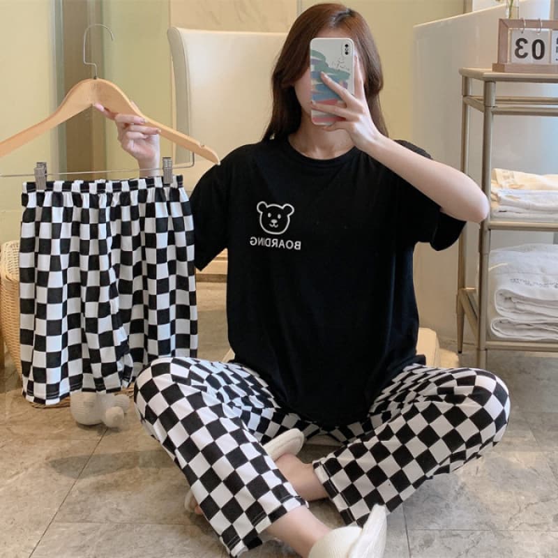 Women's Summer Pajamas Set - 3-Piece Letter Grid Short Sleeve Long Pants Cartoon Korean Loungewear Drop Shipping