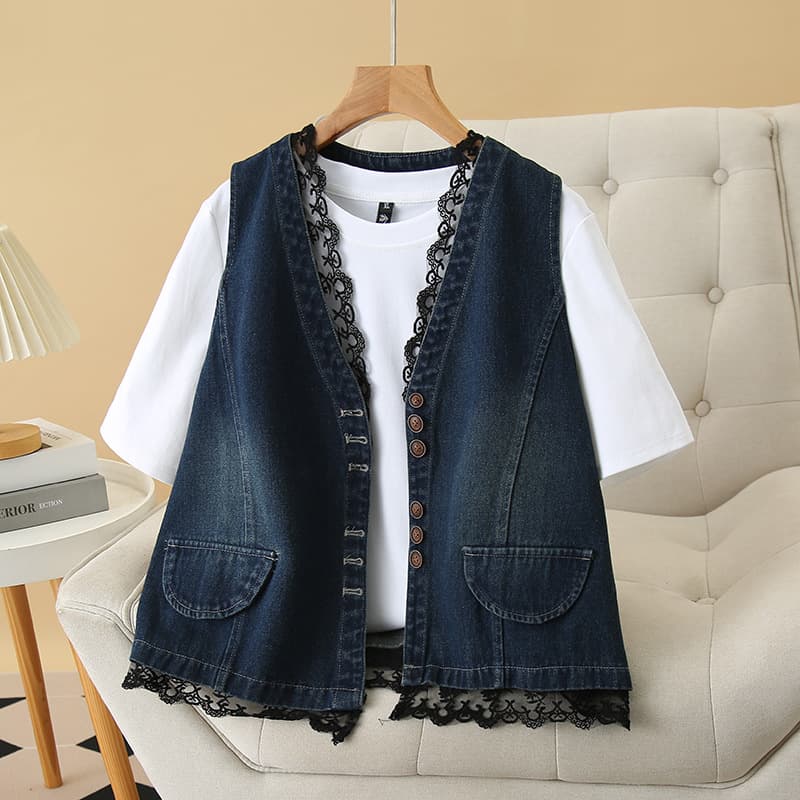 2025 Spring/Summer Plus Size Denim Vest for Women V-Neck Lace Cardigan Slim Fit Fat Girl Vest Fashionable Top 1182