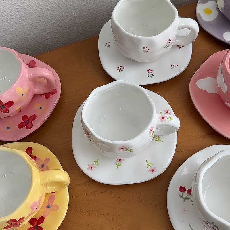 Girl's Handmade Cup and Saucer Ceramic Coffee Cup High-Aesthetic Afternoon Tea Cup Set Coffee Cup Saucer Wholesale