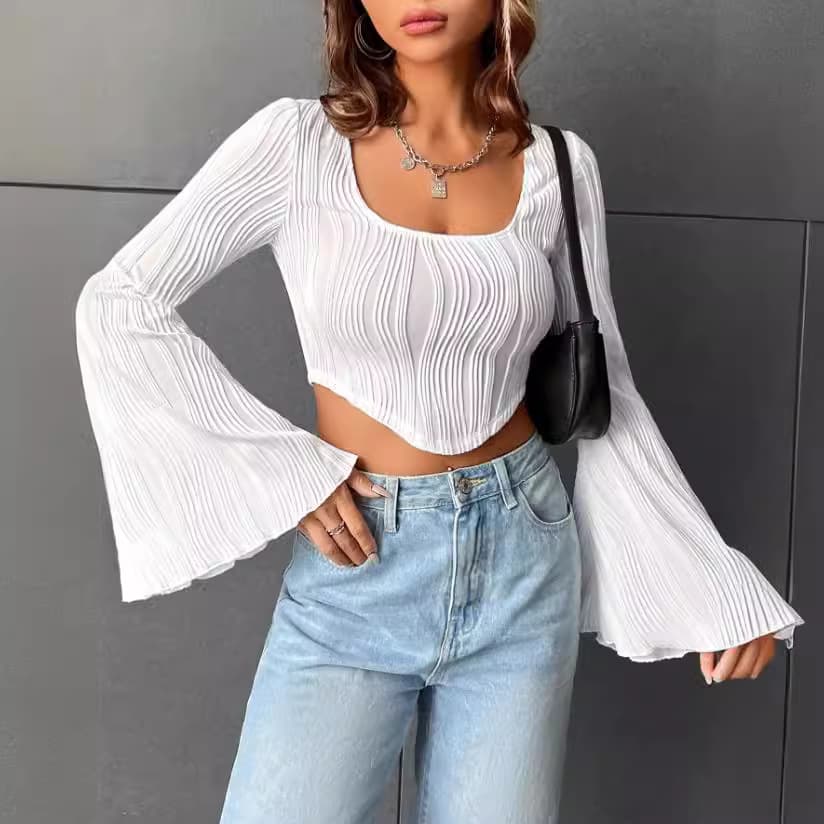 Amazon 2024 Thin U-neck Top Water Ripple Slim Fit Navel Revealed Trumpet Long Sleeve T-shirt Women Slim Fit Navel Revealed