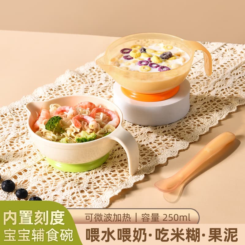 Baby food bowl, special bowl for newborns to eat rice cereal or rice powder, silicone soft spoon set for feeding babies water and milk.
