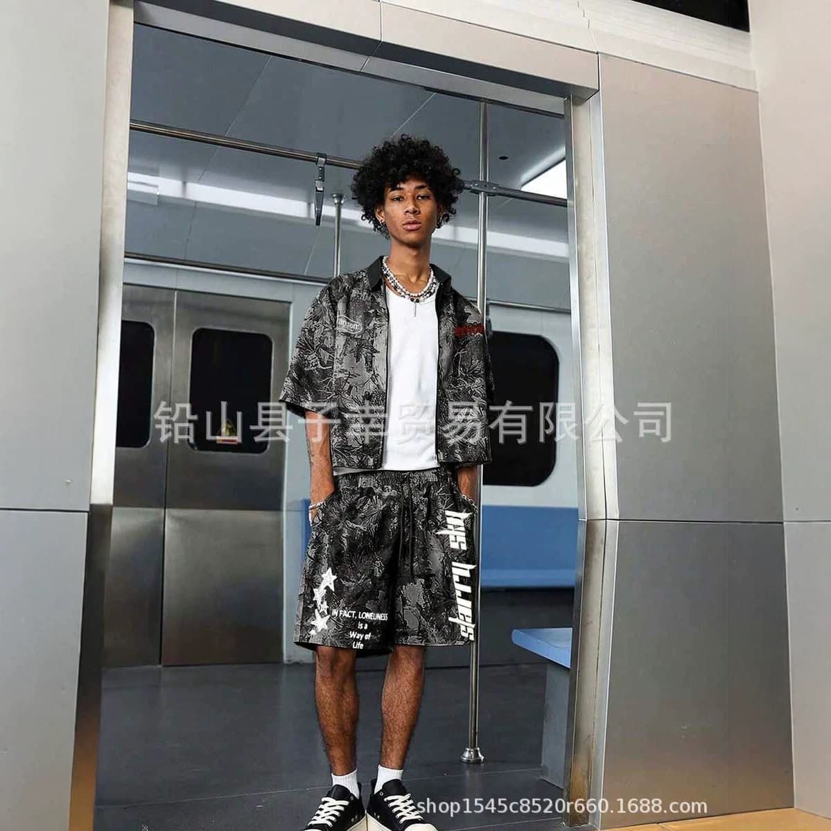 Cross-border European and American Street Dark Full-Print Set: Summer Cardigan Shirt + Printed Casual Shorts Two-Piece Set