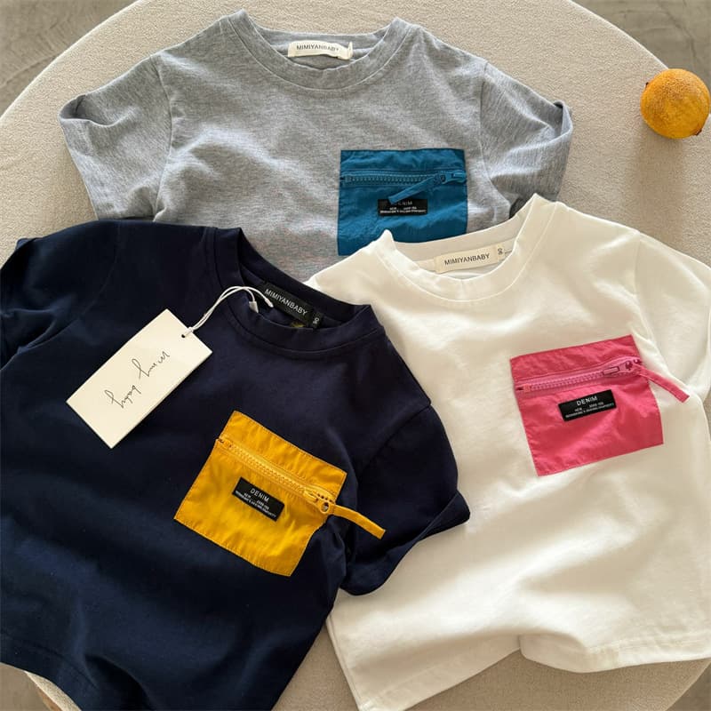 Children's short-sleeved T2026 squinty eyes summer new product boys and girls contrasting color pocket short-sleeved T baby simple pullover