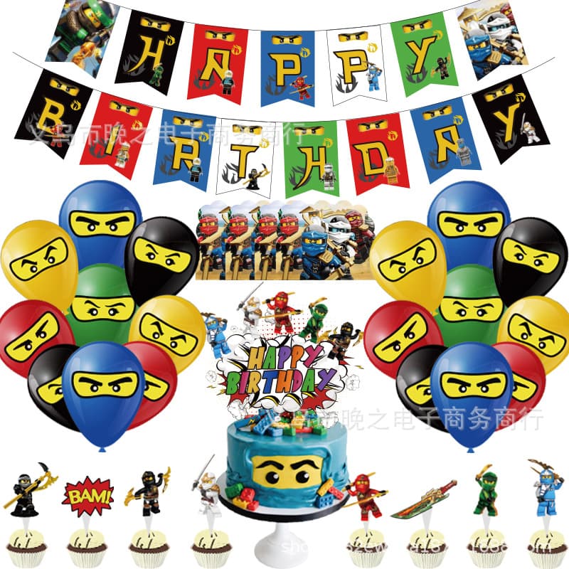 New LEGO Ninjago Party Decoration Supplies Birthday Pull Flag Banner Cake Topper Invitation Card Balloon Set
