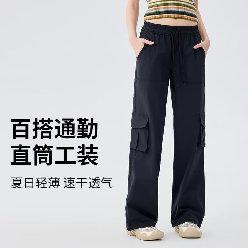 American Style Black Quick-Dry Cargo Pants Women Summer Thin Black Tapered Pants Multi-Pocket Tactical Paratrooper Hiking Pants Women