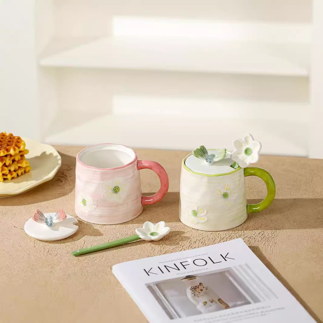 Creative Underglaze Hand-Painted Flower and Butterfly Ceramic Mug, High Aesthetic, Fresh and Stylish Personalized Gift Water Cup