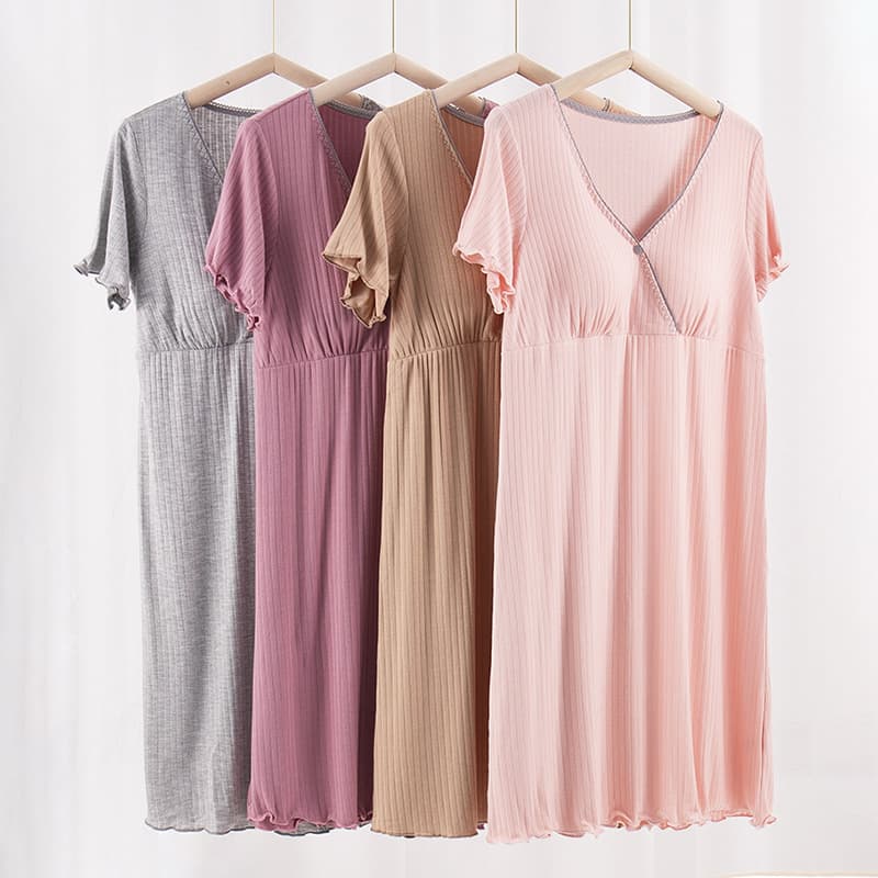 Maternity Homewear Nightgown, Fashionable Postpartum Nursing Sleep Dress, Summer Thin Short Sleeve Plus Size Mid-Length