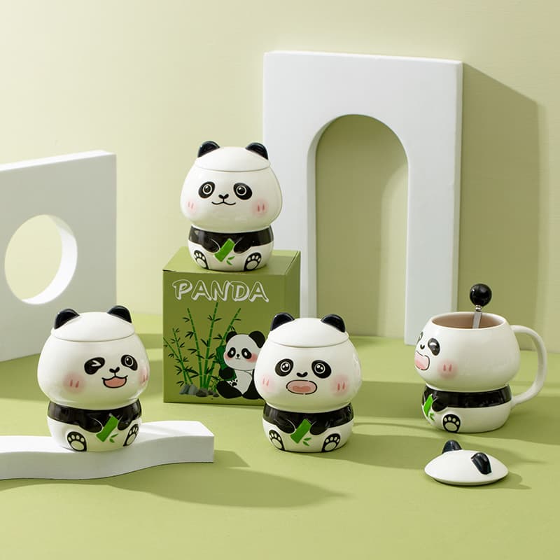 Cartoon Relief Panda Ceramic Cup High-Appearance Cute Mug with Lid and Spoon Gift for Girls Couples Coffee Cup