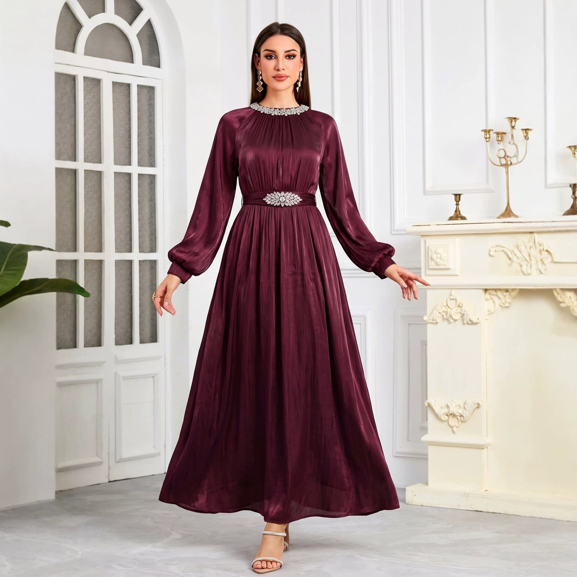 Cross-border Shiny Satin Long Dress Round Neck Beaded Lantern Long Sleeve Waist Belt Banquet Dress Long Gown