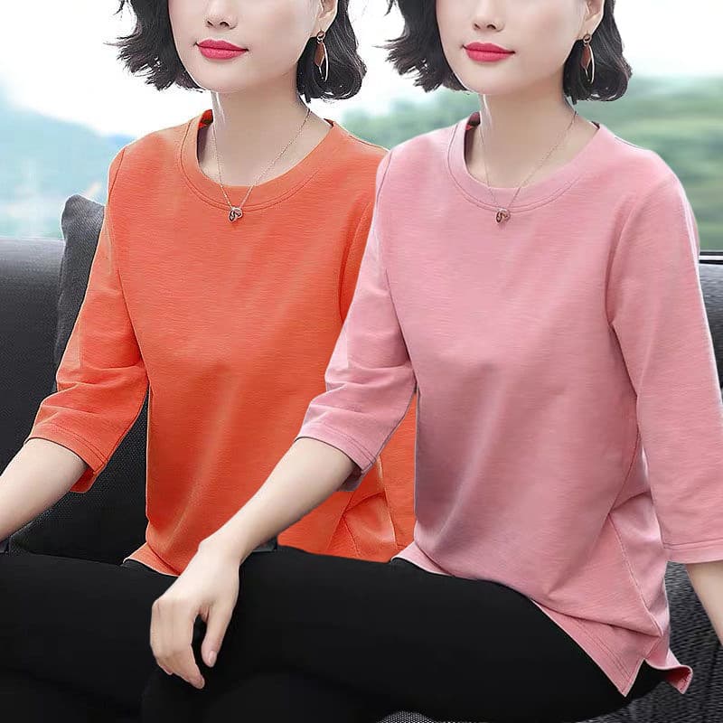 Solid Color Three-Quarter Sleeve T-Shirt for Women, Korean Style Plus Size Spring and Summer Maternity Top, Casual Base Layer