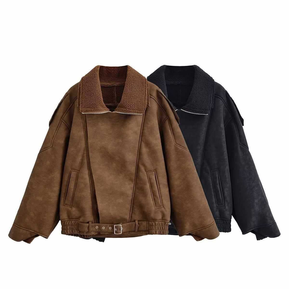 Amazon foreign trade women's old money style retro thickened fur collar zipper lapel motorcycle jacket jacket