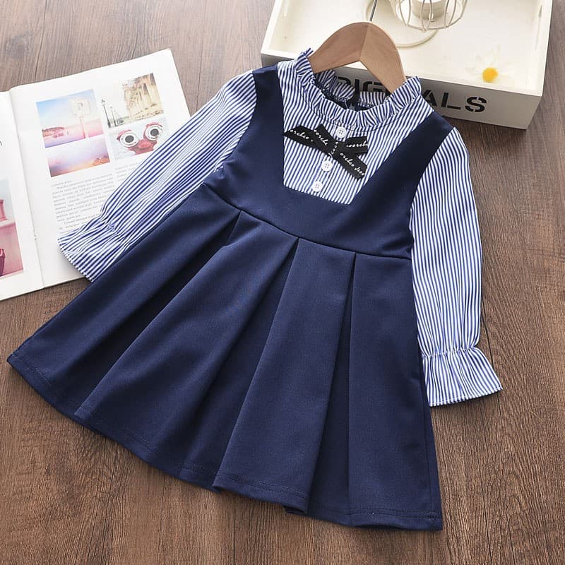 Cross-Border Autumn New Korean Style Girls Dress, Fashion Striped Bow Fake Two-Piece Dress