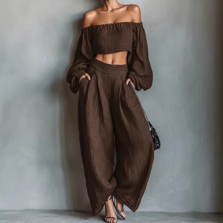 Women's Off-Shoulder Crop Top and Straight Leg Pants Two-Piece Set, Summer Loose Vacation Style, Cross-Border Women's Wear