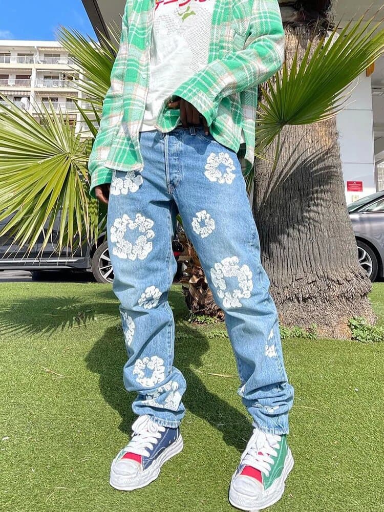 Cross-border e-commerce comfortable jeans Y2K clothes streetwear casual fashion flower print men's Y2K jeans