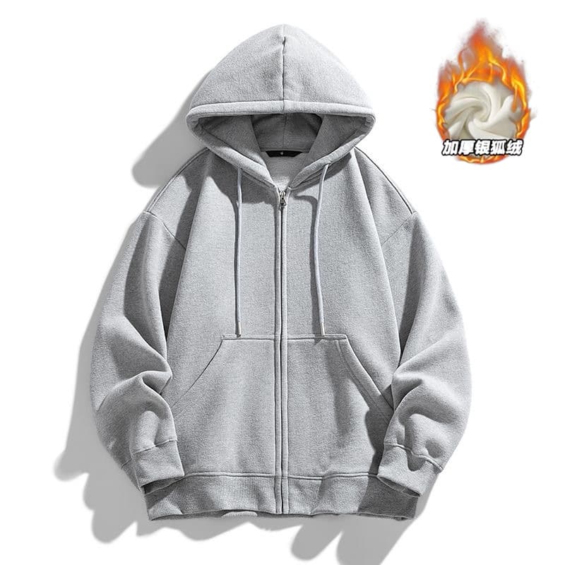 Heavy zipper cardigan hooded sweatshirt for men and women in autumn and winter solid color loose plus velvet thickened silver fox velvet casual jacket