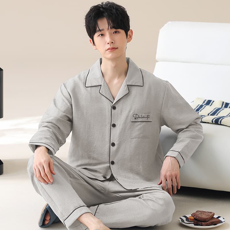 2025 new pajamas for men spring and autumn cloud cotton long-sleeved trousers thin teen boys home wear set