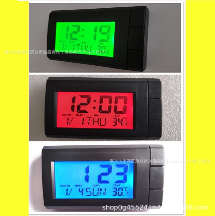 Car clock with temperature detection, electronic calendar display, and luminous thermometer feature