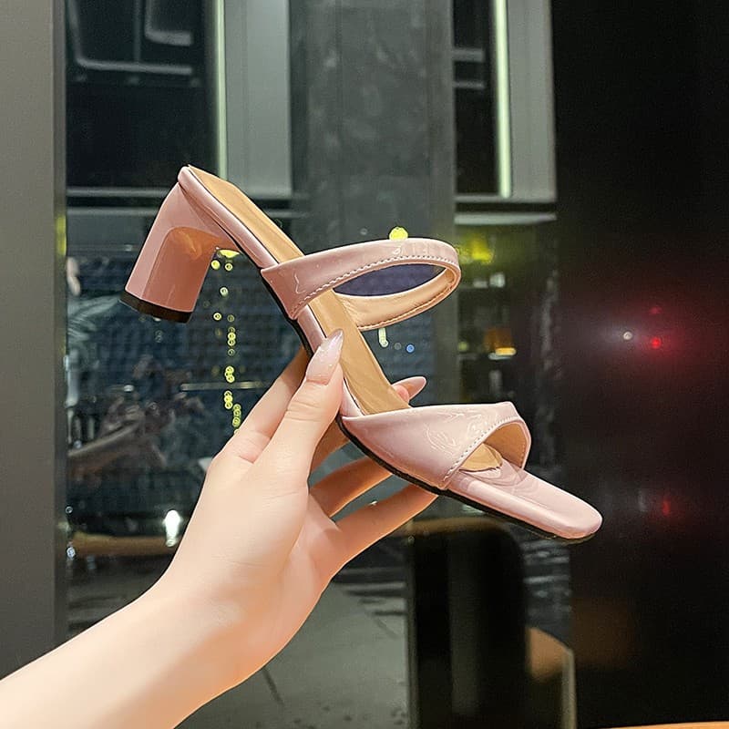 43 Large Size Nude Square Toe Slide Sandals for Women, Chunky Heel Open Toe High Heel Slippers for Summer, Pair with Dresses