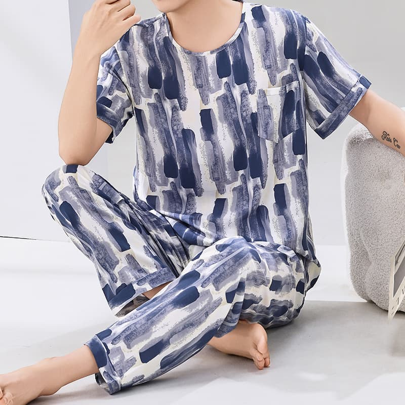 New Cotton-Silk Homewear Printed Rayon Men's Pajama Short Sleeve Top and Long Pants Set Father's Pajama Spring and Summer