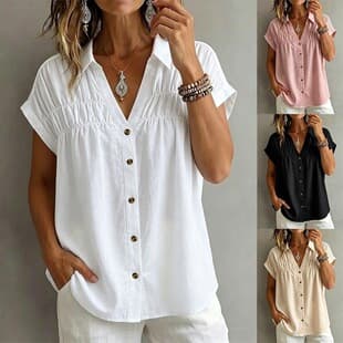 2026 European American Summer New Amazon TikTok Loose V-Neck Slimming Single Button Pleated Women's Blouse Top