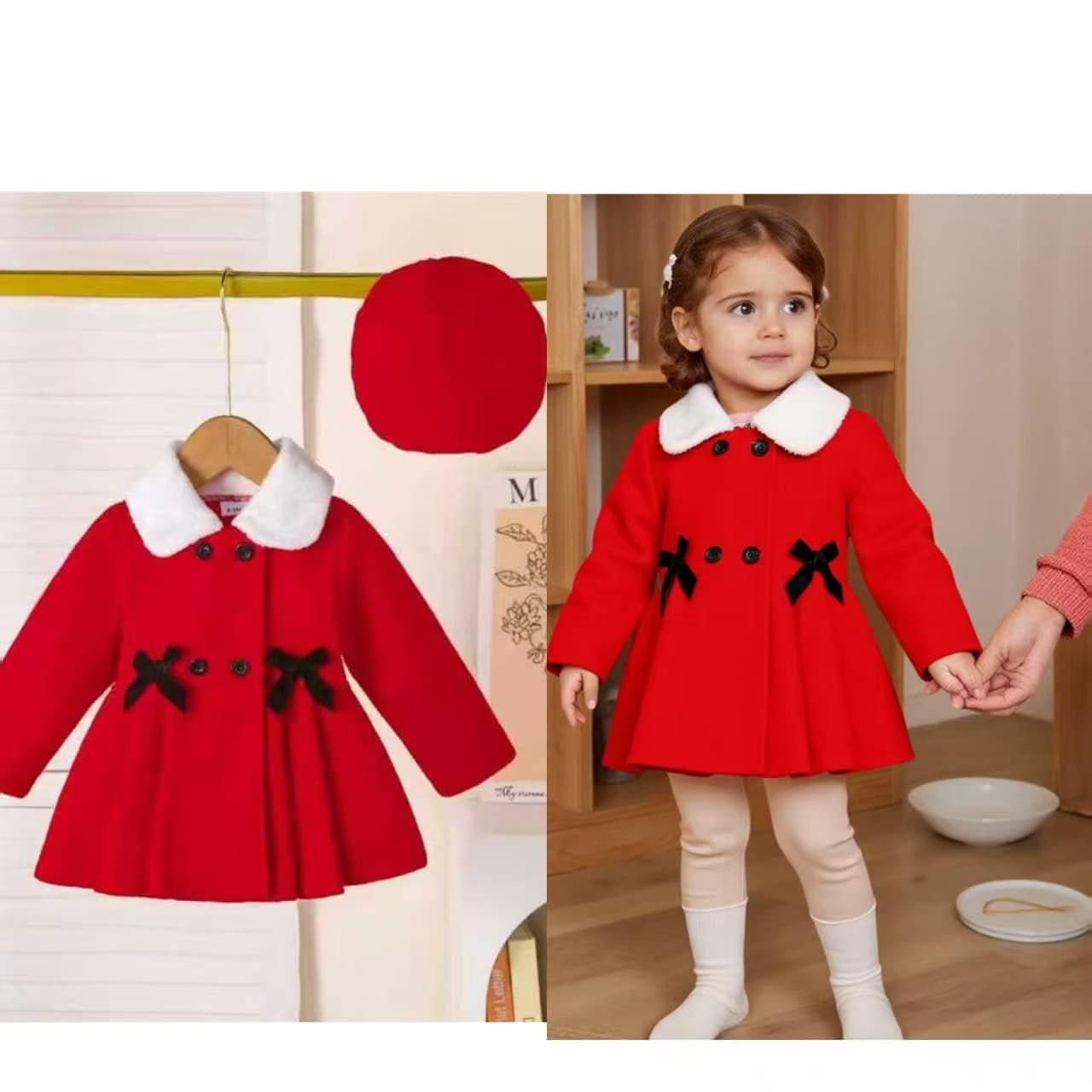 Foreign trade children's clothing, toddler and girls' autumn and winter new style, plush collar bow belt red woolen coat and hat (2 pieces)