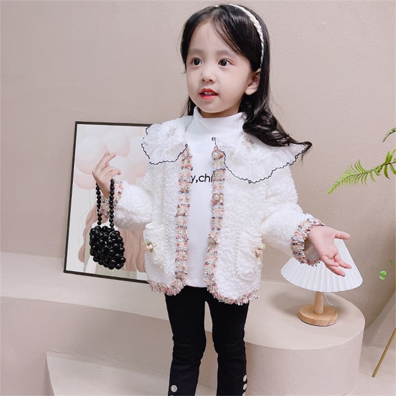 Girls' Chic Style Peter Pan Collar Jacket Fleece Lined Thickened 2025 Winter New Korean Style Children's Coat Trendy