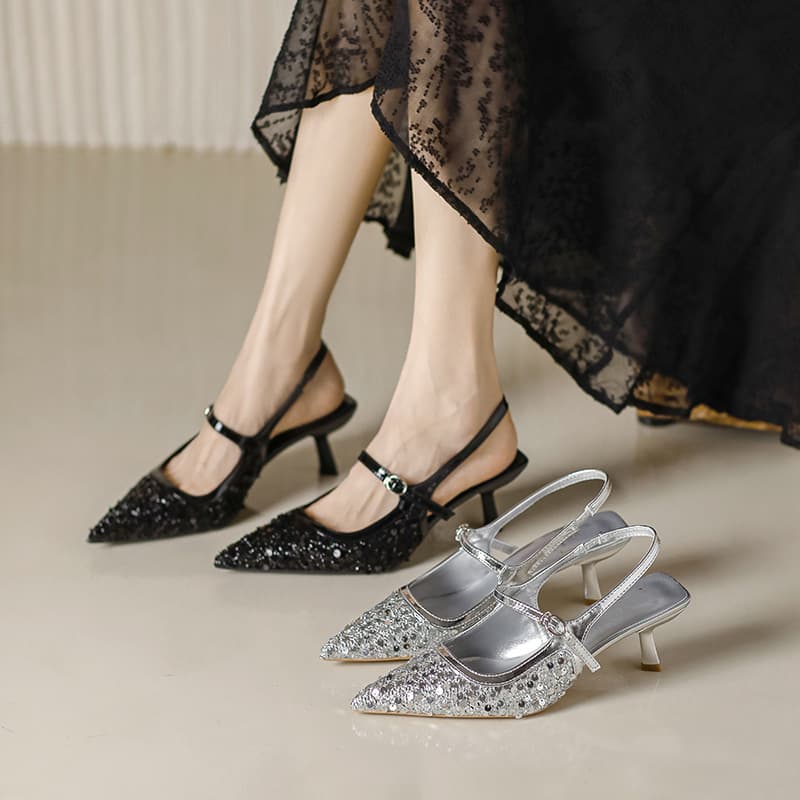 Fashionable Glittery Pointed Toe High Heels Women's Spring Summer Versatile Korean Style Single Shoes Thin Strap Leather Splicing