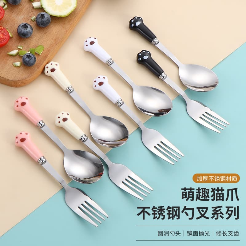 Stainless Steel Cartoon Cat Paw Cutlery Set for Kids - Fruit Fork, Dessert Spoon, Stirring Spoon, Chopsticks Set