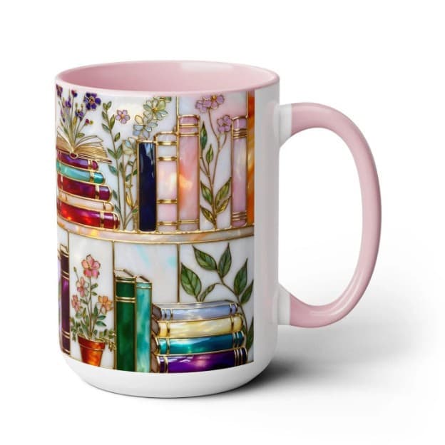 Stained Glass Style Floral Bookshelf Ceramic Mug Book Lover Gift Library Aesthetic Mug Teacher Gift Reading Mug
