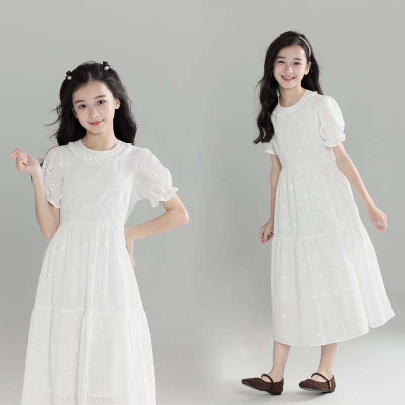 Girls' Dress 2025 Summer Sweet White Lace Ruffle Edge Round Neck Puff Sleeve Princess Dress for Middle School Students