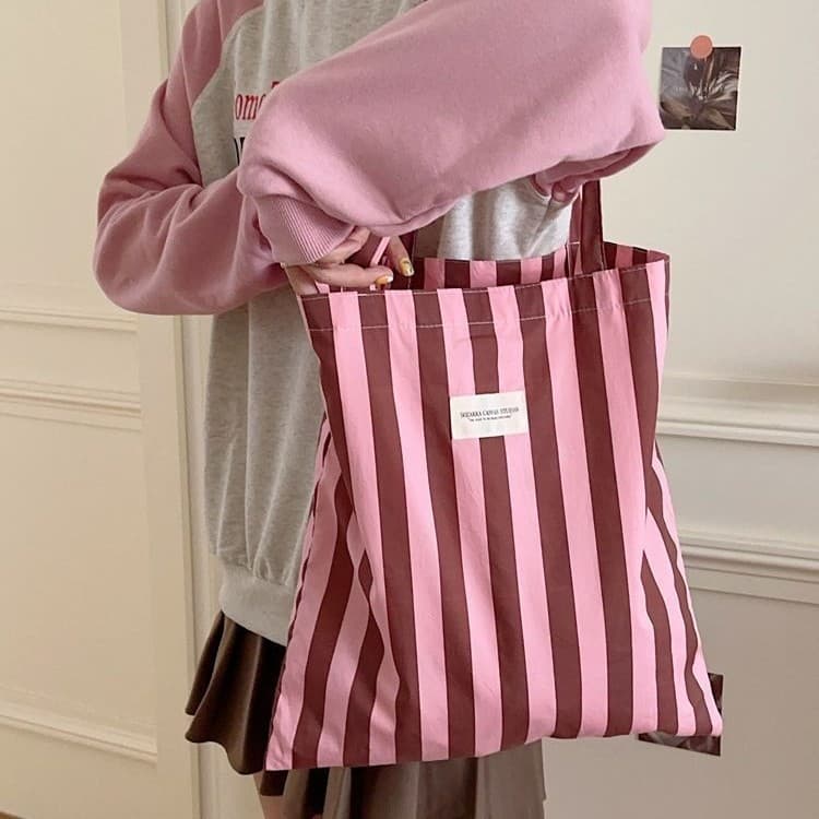 39132 Fashion Shoulder Women's Bag Striped Large Capacity Bag Korean Style Canvas Casual Shopping Bag Simple Women's Bag