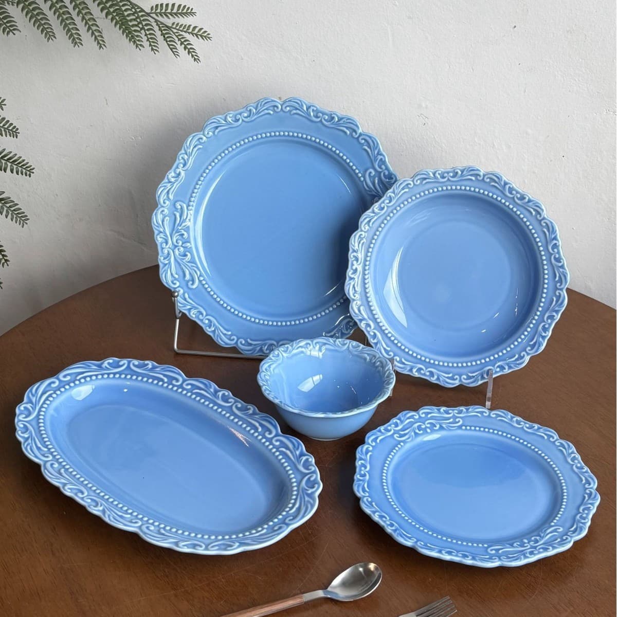 New Stylish Retro Blue Lace Dinner Plate, French Ceramic Bowl Dessert Plate, Home Tableware Set