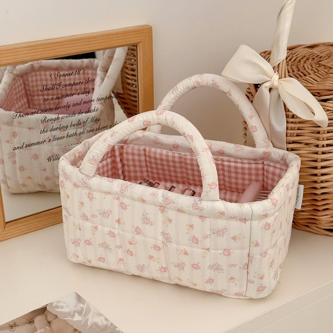 Cross-border Rose Series Storage Basket New Desktop Snack Organizer Quilted Fabric Home Storage Basket