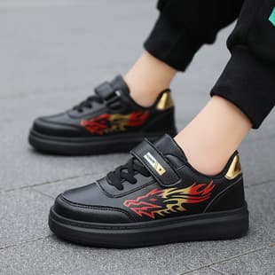 Boys' Board Shoes for Ages 7-12, Black Leather Children's Sports Shoes, Lightweight Anti-Slip Primary School White Shoes