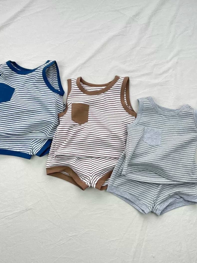 Korean style ins striped summer vest shorts suit for men and women, refreshing two-piece set with edged round neck T-shirt shorts set