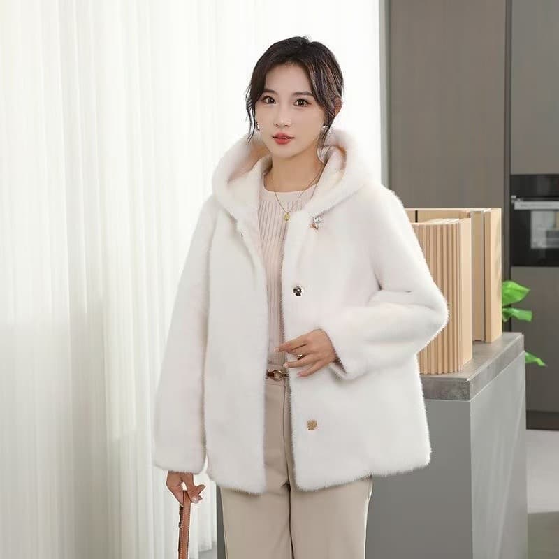 Faux Mink Coat Women's Mid-Length Winter Thick Faux Fur Faux Leather Jacket Faux Mink Velvet Hooded Coat