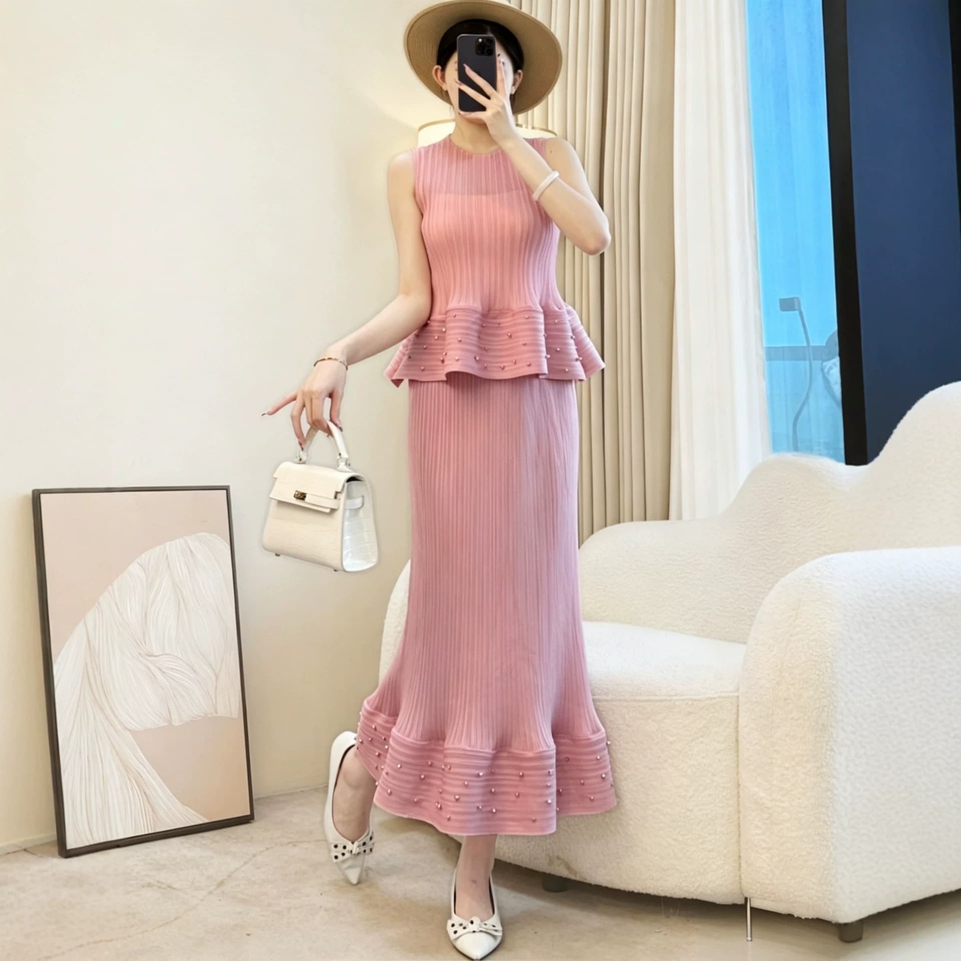 Miyake light luxury pleated high-end large size suit fashionable high-end temperament sleeveless vest beaded skirt two-piece set